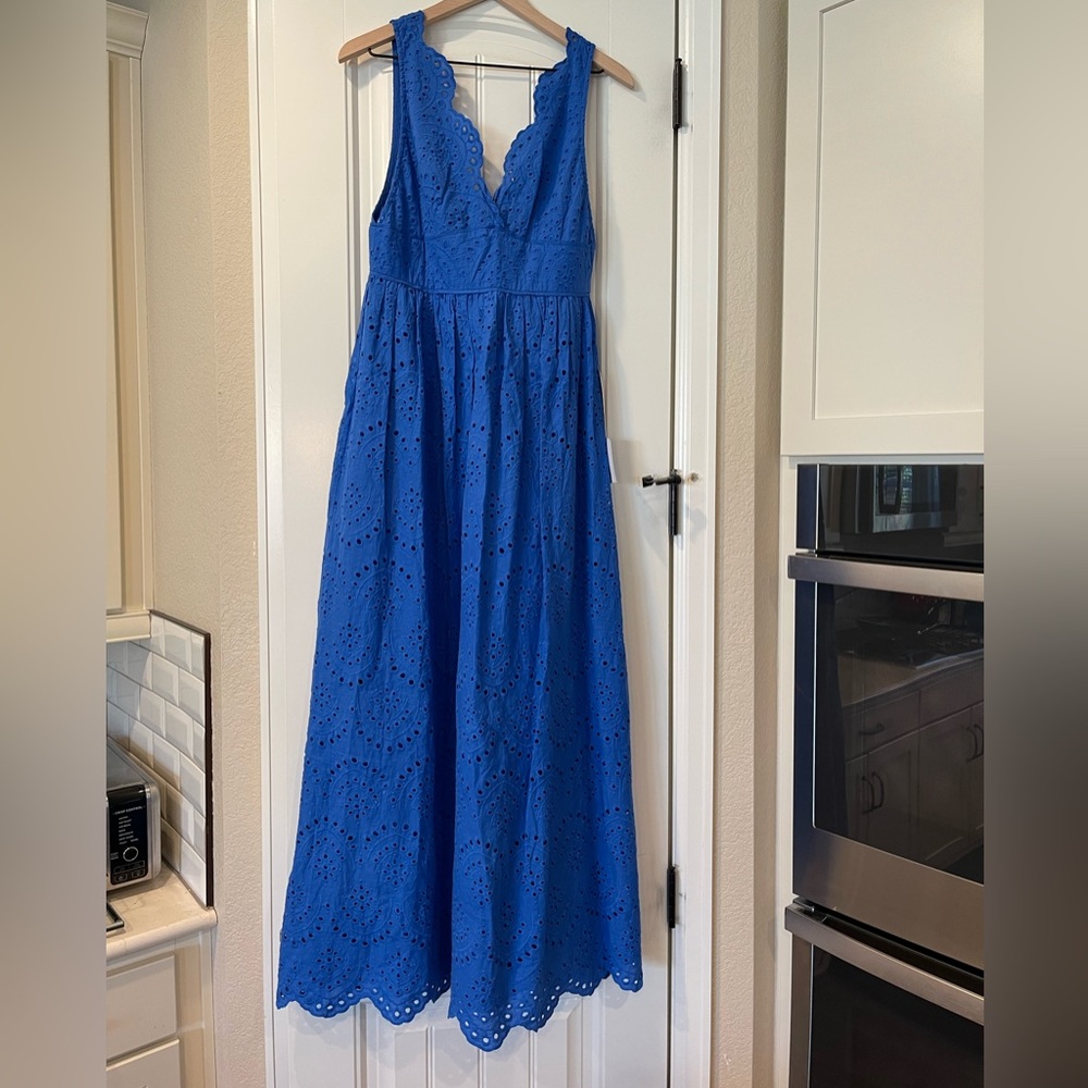 Lulus brand. Full length dress. True blue color. Embroidery details.